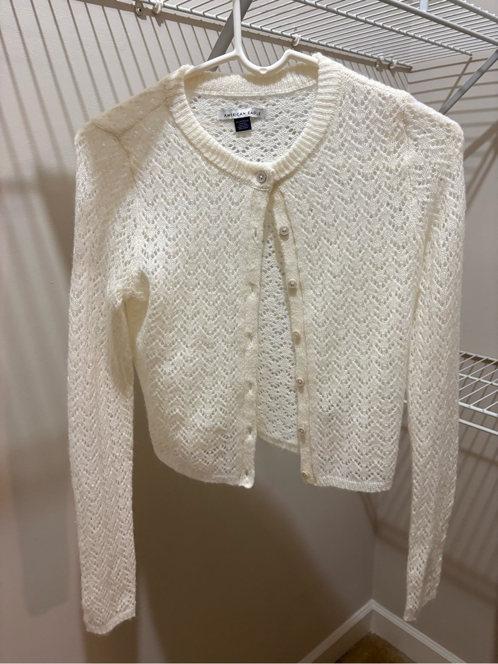American Eagle Outfitters Ivory Openwork Button-Up Cardigan